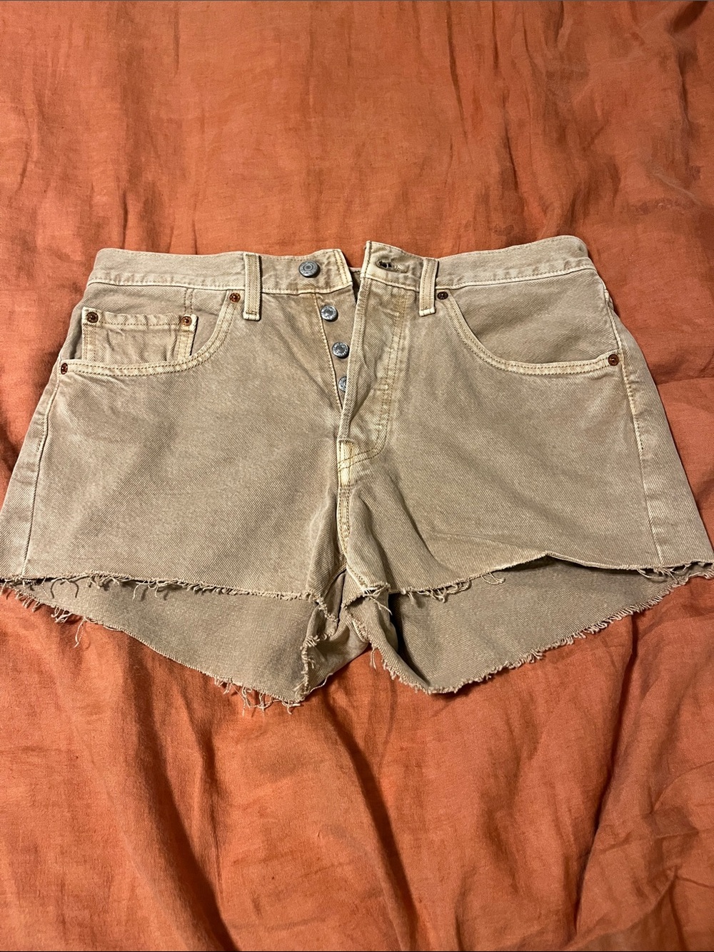 Women's High-Rise Raw-Hem Denim Shorts in Taupe